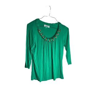 AUGUST Silk Blouse Gold Chain Accent 3/4 Sleeve Stretch Green Womens Medium